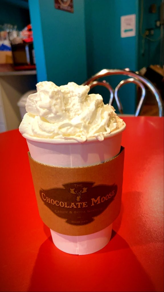 A to-go cup of hot chocolate from The Chocolate Moose in Bozeman