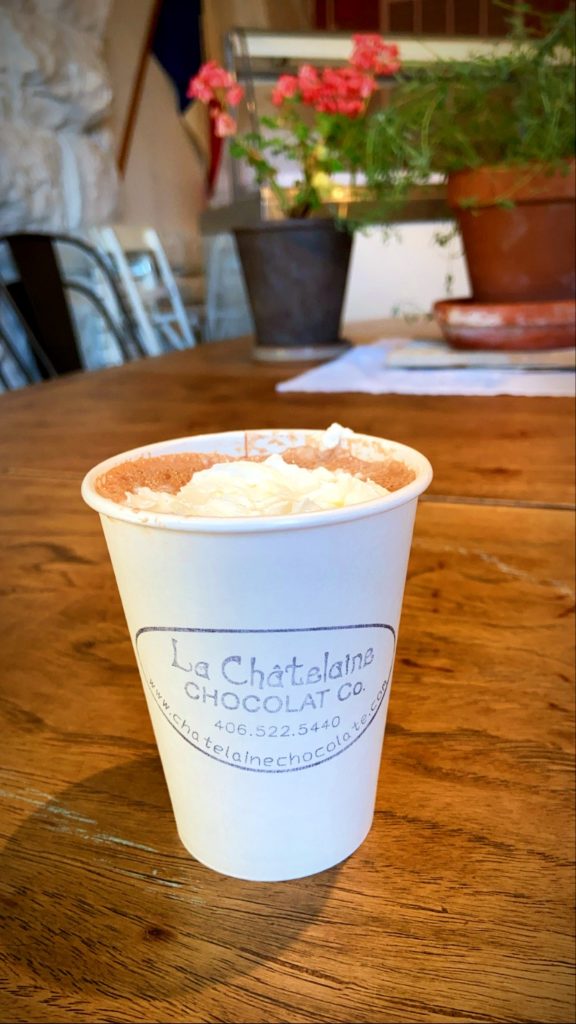 A to-go cup of hot chocolate from Le Châtelaine Chocolat Co. in Bozeman