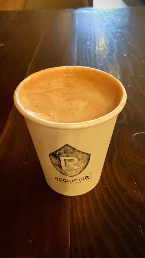 A to-go cup of hot chocolate from Rockord Coffee