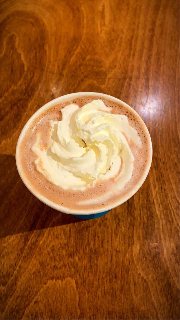 A to-go cup of hot chocolate from Wild Joe*s in Bozeman