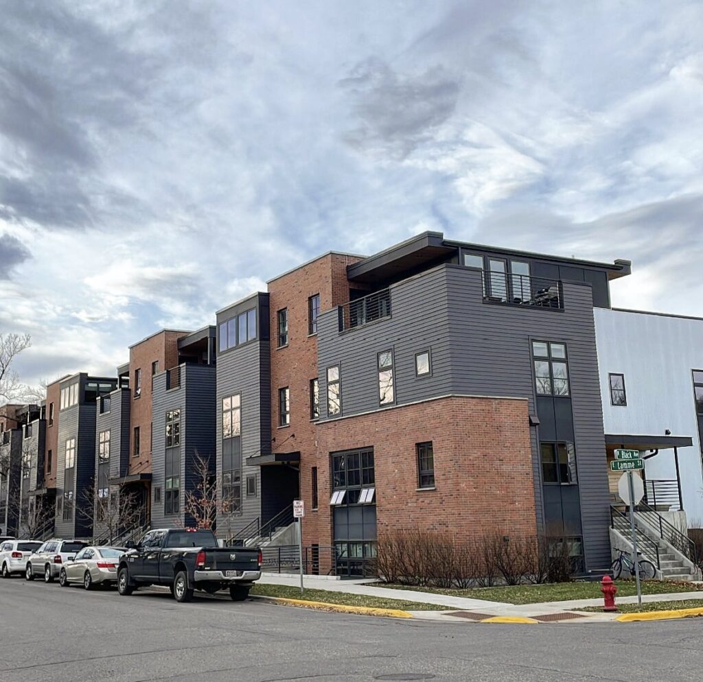 exterior of residential buildings on the corner of black and lamme within the Block M subdivision in bozeman