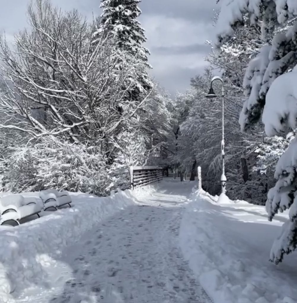 a snowy trail leading to a pedestrian bridge in lindley park in downtown bozeman