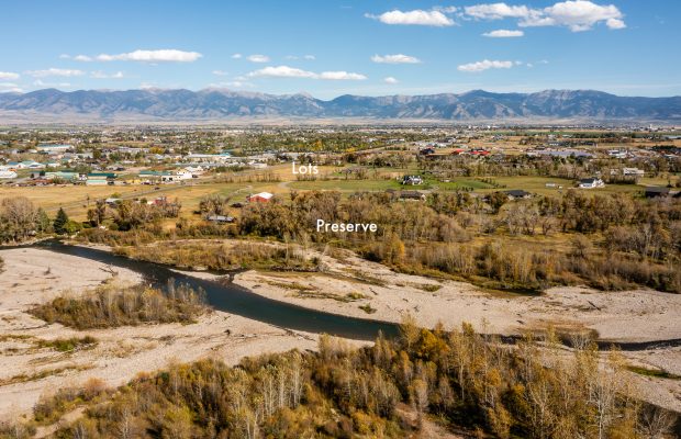 Three lots at Gallatin River Farm: aerial view of gallatin river and surrounding area with diagram