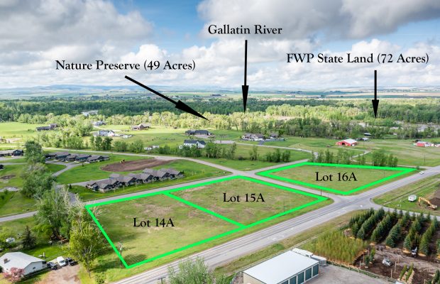 Three lots at Gallatin River Farm: aerial photo showing properties and surrounding area with diagram