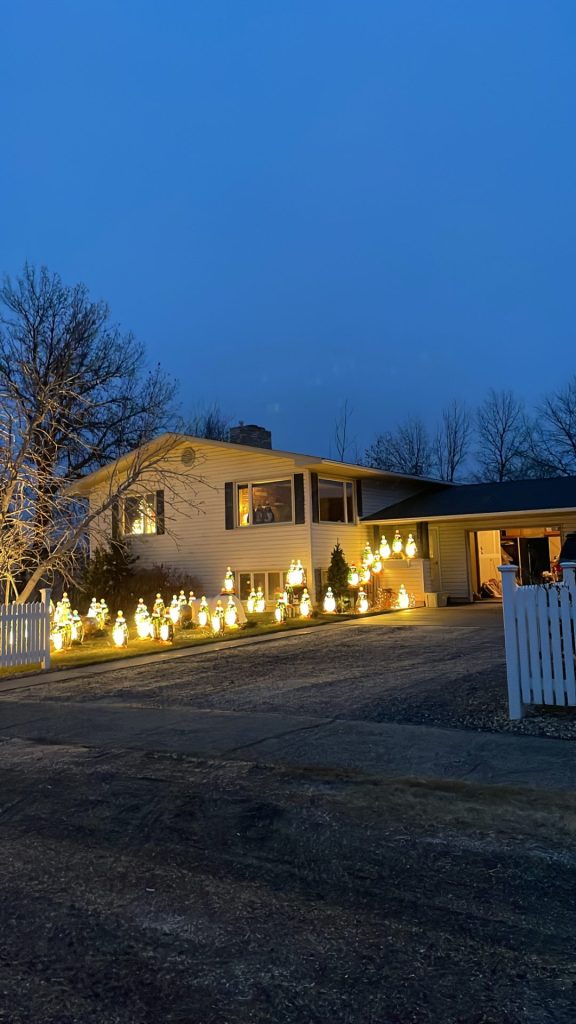 a home at 7340 churchill road with a festive outdoor display for the holidays