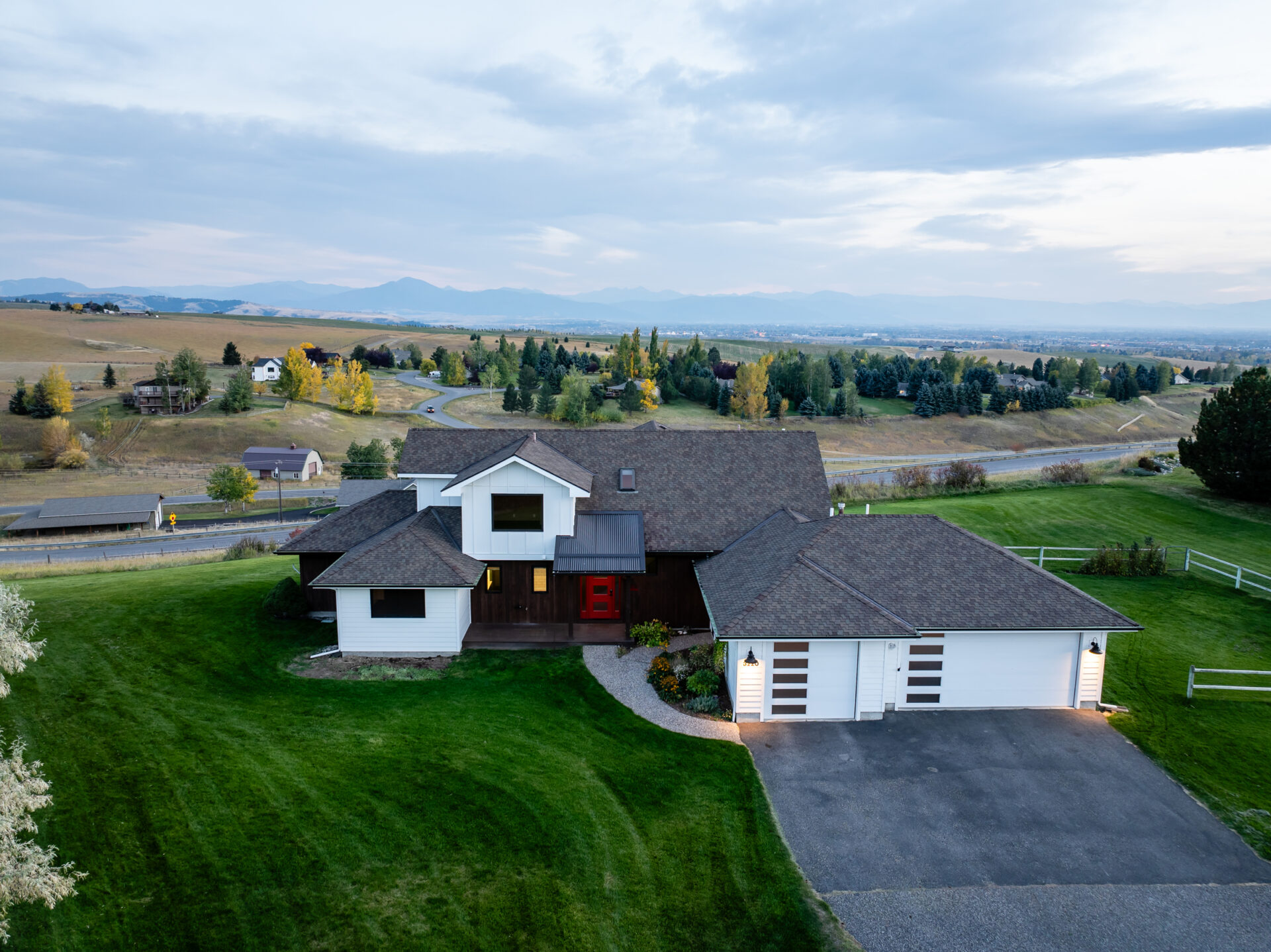 3220 Summer Cutoff Road, Bozeman, elevated drone view of front of home and surrounding area